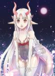  1girl :o bangs bare_shoulders breasts covered_navel elbow_gloves gloves highres horns hoshimiya_waltz leotard lily_(pixiv_fantasia_last_saga) long_hair looking_at_viewer parted_bangs pixiv_fantasia pixiv_fantasia_last_saga pointy_ears red_eyes simple_background solo tail thigh-highs very_long_hair white_hair white_legwear 