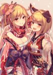  2girls :d animal_ears bare_shoulders bell black_bow blonde_hair bow braid breasts chromatic_aberration cleavage clenched_teeth commentary_request cowboy_shot djeeta_(granblue_fantasy) dog_ears dog_girl fang flower fur_trim granblue_fantasy grin hair_flower hair_ornament hand_up hands_up highres homaderi japanese_clothes jewelry jingle_bell kanzashi kimono large_breasts long_hair looking_at_viewer medium_breasts multiple_girls obi off_shoulder open_mouth orange_eyes ponytail print_kimono red_flower red_scarf rope sash scarf shimenawa short_hair side-by-side smile standing teeth v-shaped_eyebrows vajra_(granblue_fantasy) white_kimono wide_sleeves 
