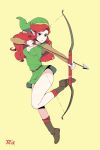  1girl absurdres arrow boots bow_(weapon) breasts genderswap genderswap_(mtf) hat highres link link_(shounen_captain) long_hair looking_at_viewer nintendo pointy_ears r3dfive redhead simple_background solo the_legend_of_zelda the_legend_of_zelda_(nes) tunic weapon 