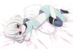  1girl aqua_skin bangs bed_sheet blue_skin breasts closed_mouth eyebrows_visible_through_hair full_body hair_between_eyes highres konno_junko long_hair looking_at_viewer low_twintails lying multicolored multicolored_skin murayama_hope_inu nude patchwork_skin red_eyes silver_hair small_breasts smile solo stitches twintails very_long_hair white_skin zombie zombie_land_saga 