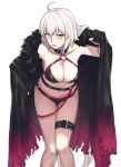  1girl ahoge bikini black_bikini black_cape black_choker breasts cape choker cleavage collarbone eyebrows_visible_through_hair fate/grand_order fate_(series) fur_collar hair_between_eyes jeanne_d&#039;arc_(alter_swimsuit_berserker) jeanne_d&#039;arc_(fate)_(all) large_breasts long_hair michihasu o-ring o-ring_bikini o-ring_bottom o-ring_top open_mouth silver_hair simple_background solo swimsuit thigh_strap white_background yellow_eyes 