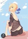  1girl ahoge artoria_pendragon_(all) black_shirt black_shorts blonde_hair blue_ribbon blue_sky braided_bun butt_crack character_name cherry_blossoms clothes_down dutch_angle eyebrows_visible_through_hair fate/stay_night fate_(series) frilled_shirt frills from_behind green_eyes hair_between_eyes hair_ribbon highres parted_lips raidriar ribbon saber shirt short_hair short_shorts shorts sitting sky solo title 