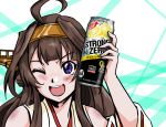  1girl ahoge bare_shoulders brown_hair can_to_cheek detached_sleeves double_bun hairband headgear kantai_collection kongou_(kantai_collection) long_hair looking_at_viewer one_eye_closed open_mouth round_teeth smile solo strong_zero taka_two teeth upper_body upper_teeth violet_eyes 