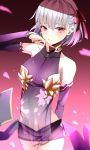  1girl arm_behind_back bangs bare_shoulders blush breasts collarbone commentary_request detached_sleeves dress earrings eyebrows_visible_through_hair fate/grand_order fate_(series) hair_between_eyes hair_ribbon highres jewelry ka1se1 kama_(fate/grand_order) long_sleeves looking_at_viewer purple_dress red_eyes red_ribbon ribbon see-through short_hair silver_hair sleeveless smile solo 