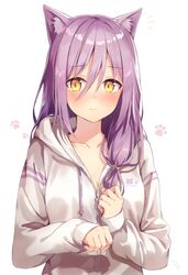  1girl animal_ears blush breasts cat_ears cleavage closed_mouth collarbone hair_between_eyes long_hair long_sleeves looking_at_viewer low_twintails medium_breasts nonono notice_lines original purple_hair solo twintails upper_body yellow_eyes 