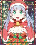  1girl aqua_eyes bangs bell blunt_bangs blush bow box breasts christmas cleavage eyebrows_visible_through_hair eyes_visible_through_hair gift grey_hair highres holding holding_box leaf long_hair looking_at_viewer nobile1031 open_mouth original smile solo twintails upper_body 