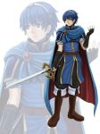  1boy absurdres armor blue_eyes blue_hair boots cape fingerless_gloves fire_emblem fire_emblem:_ankoku_ryuu_to_hikari_no_tsurugi fire_emblem:_mystery_of_the_emblem fire_emblem:_shin_ankoku_ryuu_to_hikari_no_tsurugi fire_emblem:_shin_monshou_no_nazo fire_emblem_heroes gloves highres holding holding_sword holding_weapon intelligent_systems kotatsumuri_(yaugau) marth nintendo solo super_smash_bros. sword tiara weapon 