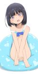  1girl bangs bare_shoulders barefoot black_hair blue_swimsuit blunt_bangs bubukka collarbone eyebrows_visible_through_hair highres himenogi_rinze looking_at_viewer love_r off_shoulder one-piece_swimsuit open_mouth short_hair simple_background sitting solo swimsuit teeth violet_eyes white_background 
