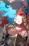  1girl aqua_hair armor asymmetrical_bangs asymmetrical_hair bangs fire_emblem fire_emblem_if ganov gauntlets gradient gradient_background grey_background hair_over_one_eye high_collar highres maid_headdress multicolored_hair nintendo parted_lips pieri_(fire_emblem_if) red_eyes redhead simple_background solo twintails two-tone_hair upper_body 