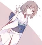  1girl brown_eyes brown_hair closed_mouth cowboy_shot eyebrows_visible_through_hair highres japanese_clothes kara_no_kyoukai kimono long_sleeves looking_at_viewer matecharon obi ryougi_shiki sash short_hair simple_background smile standing star v 