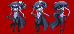  1girl black_cape black_footwear black_headwear black_legwear blue_eyes bodysuit boots cane cape character_sheet commentary_request e79 from_behind full_body glowing glowing_eye hat holding_cane kantai_collection multiple_views pixel_art red_background shinkaisei-kan short_hair_with_long_locks standing teeth tentacle white_hair wo-class_aircraft_carrier 