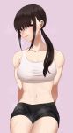  1girl amane_a_(007_uiro) arms_behind_back bad_id bangs blue_eyes blush breasts brown_hair cleavage highres long_hair looking_at_viewer midriff navel original ponytail purple_background shorts simple_background smile solo sweat 