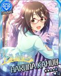  black_hair blush brown_eyes character_name dress idolamster_cinderella_girls idolmaster kamijo_haruna short_hair smile spring stars 