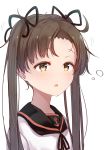  1girl ayanami_(kantai_collection) bangs black_ribbon black_sailor_collar blush brown_eyes brown_hair commentary_request eyebrows_visible_through_hair hair_ribbon highres kantai_collection long_hair minarai_shachou neck_ribbon parted_lips ribbon sailor_collar school_uniform serafuku shirt simple_background sleepy solo twintails upper_body white_background white_shirt 