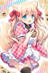  1girl :d animal_ear_fluff animal_ears apron bangs black_legwear blonde_hair blue_eyes blush bow breasts commentary_request copyright_request diagonal_stripes doughnut eyebrows_visible_through_hair fang food fox_ears fox_girl fox_tail frilled_apron frilled_kimono frills hair_between_eyes hair_bow highres holding holding_food japanese_clothes juliet_sleeves kimono long_hair long_sleeves looking_at_viewer maid_apron open_mouth pink_kimono print_kimono puffy_sleeves red_bow satsuki_yukimi small_breasts smile solo sparkle star striped tail tail_raised thigh-highs unmoving_pattern very_long_hair white_apron wide_sleeves 