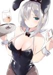  1girl absurdres animal_ears bare_arms bare_shoulders between_fingers black_hairband black_legwear black_leotard blue_eyes blush breasts bunnysuit card cleavage closed_mouth commentary_request cowboy_shot cup drink drinking_glass dyson_(edaokunnsaikouya) fake_animal_ears hair_ornament hair_over_one_eye hairband hairclip hamakaze_(kantai_collection) heart highres holding holding_card holding_tray kantai_collection leotard looking_at_viewer medium_breasts panties playing_card rabbit_ears short_hair simple_background sketch smile solo tray underwear white_background wrist_cuffs 