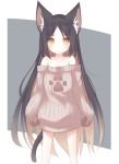  1girl absurdres animal_ear_fluff animal_ears bangs black_hair blush brown_eyes brown_hair brown_sweater cat_ears cat_girl cat_tail closed_mouth collarbone commentary_request daidai_ookami eyebrows_visible_through_hair fang fang_out grey_background highres long_hair long_sleeves multicolored_hair off-shoulder_sweater off_shoulder original parted_bangs puffy_long_sleeves puffy_sleeves ribbed_sweater sleeves_past_fingers sleeves_past_wrists solo sweater tail two-tone_background two-tone_hair very_long_hair white_background 