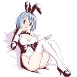  1girl animal_ears blue_eyes blue_hair blush bow bowtie breasts cleavage dated hands_on_own_chest high_heels legs leotard mahou_shoujo_madoka_magica medium_breasts miki_sayaka mr_nini rabbit_ears short_hair solo sweatdrop thigh-highs thighs twitter_username white_background 