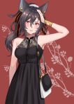  1girl absurdres animal_ears armlet armpits bag bangs bare_arms bare_shoulders black_dress black_hair breasts buttons casual collarbone commentary_request dress erune floral_print granblue_fantasy hair_between_eyes hair_ornament hair_ribbon hand_up highres ilsa_(granblue_fantasy) long_hair looking_at_viewer medium_breasts myusha parted_lips ponytail red_eyes ribbon see-through shoulder_bag sleeveless sleeveless_dress solo standing 