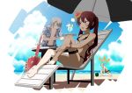  1girl 2boys alternate_costume barefoot beach beach_chair beach_umbrella bikini blindfold blonde_hair blue_shirt blush bowing bracelet breasts brown_eyes cleavage closed_eyes clouds cloudy_sky cup dash_(dasshu) day drink drinking_glass drinking_straw fire_emblem fire_emblem_if floral_print flower food fruit grey_hair hair_flower hair_ornament hand_over_face highres jewelry lazward_(fire_emblem_if) lemon lemon_slice luna_(fire_emblem_if) multiple_boys navel nintendo ocean odin_(fire_emblem_if) open_clothes open_mouth open_shirt pose redhead scabbard sheath sheathed shield shirt short_hair short_hair_with_long_locks shorts sitting sky small_breasts stick sunlight swimsuit sword table thigh_strap tray twintails umbrella watermelon weapon white_bikini 