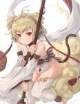  1girl ahoge andira_(granblue_fantasy) animal_ears bangs bare_shoulders blonde_hair blush breasts circlet closed_mouth commentary detached_leggings detached_sleeves earrings erune eyebrows_visible_through_hair fingernails flying_nimbus fur-trimmed_sleeves fur_trim granblue_fantasy hagoromo highres hikari_niji holding holding_staff jewelry leotard long_sleeves monkey_ears monkey_girl monkey_tail red_eyes shawl simple_background small_breasts smile solo staff tail twintails two_side_up white_background white_legwear white_leotard white_sleeves wide_sleeves 