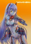  1girl 8kkin adjusting_bra adjusting_clothes bikini bra breasts gloves gradient gradient_background hana_(xenoblade) hana_jd large_breasts long_hair navel nintendo orange_background pose purple_hair smile solo spoilers swimsuit underwear very_long_hair xenoblade_(series) xenoblade_2 yellow_eyes 