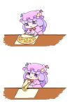  1girl 2koma :3 ajitsuki blue_ribbon blush_stickers bow bowtie capelet chibi comic commentary_request crescent crescent_moon_pin eating food hat hat_ribbon long_hair long_sleeves mob_cap patchouli_knowledge pizza purple_hair red_bow red_neckwear red_ribbon ribbon simple_background sketch solo table touhou violet_eyes white_background 