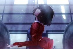  1girl bangs black_eyes black_hair blood blood_on_face breasts closed_mouth from_side indoors jacket japanese_clothes kara_no_kyoukai kimono long_sleeves looking_up medium_breasts okakasushi red_jacket ryougi_shiki short_hair solo upper_body 