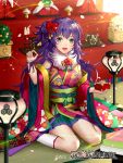  1girl :d arare_(food) bangs blurry bow copyright_name depth_of_field detached_sleeves floral_print food full_body fur_collar green_eyes hair_bow hina_ningyou hinamatsuri hishimochi holding holding_food inanome_me indoors japanese_clothes kneehighs lantern long_hair looking_at_viewer miniskirt obi official_art one_side_up open_mouth paper_lantern petals pleated_skirt purple_hair red_bow ribbon sash sengoku_kishin_valkyrie sitting skirt smile solo sparkle tatami wariza white_legwear wide_sleeves wrist_ribbon 