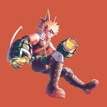 1boy bakugou_katsuki bare_shoulders black_footwear black_legwear black_mask_(clothing) black_shirt blonde_hair boku_no_hero_academia boots commentary_request explosive face_mask fang fire from_side full_body gloves green_gloves grenade hair_ornament highres male_focus mask pants red_background red_eyes red_footwear salmon_(657931354) shirt short_hair simple_background smile spiky_hair 