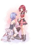  2girls anakris aqua_(kingdom_hearts) artist_name black_legwear blue_hair boots bracelet detached_sleeves eyebrows_visible_through_hair fingerless_gloves gloves hand_holding hand_to_own_mouth highres hood hood_down jewelry kairi_(kingdom_hearts) kingdom_hearts kingdom_hearts_iii kneeling looking_at_another looking_up multiple_girls necklace redhead sash shiny shiny_hair short_hair short_shorts shorts skirt sleeveless smile standing strap surprised thigh-highs twitter_username zipper zipper_pull_tab 