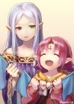  2girls ane-suisei closed_eyes dress fa facial_mark fire_emblem fire_emblem:_fuuin_no_tsurugi fire_emblem_heroes flag forehead_mark green_eyes heterochromia highres holding holding_flag idoun long_hair long_sleeves mamkute multiple_girls nintendo open_mouth parted_lips pointy_ears purple_hair red_eyes sidelocks simple_background strapless strapless_dress twitter_username upper_body 