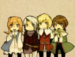  1boy 1girl 3boys arc_(ff3) blonde_hair blue_eyes boots brown_eyes brown_hair chibi everyone everyone_fighting final_fantasy final_fantasy_iii gloves hood ingus long_hair luneth male_focus multiple_boys orange_hair ponytail refia silver_hair smile vest 