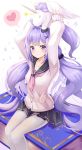  1girl :o arms_up azur_lane bangs black_sailor_collar black_skirt blunt_bangs blush book breasts collarbone eyebrows_visible_through_hair grey_cardigan hair_ornament hair_scrunchie heart holding holding_stuffed_animal kotomaru_(sirouko9511) long_hair long_sleeves looking_at_viewer medium_breasts minigirl miniskirt neckerchief pantyhose parted_lips pink_neckwear pleated_skirt purple_hair sailor_collar school_uniform scrunchie serafuku simple_background sitting skirt solo spoken_heart stuffed_alicorn stuffed_animal stuffed_toy tareme unicorn_(azur_lane) very_long_hair violet_eyes white_background white_legwear x_hair_ornament 