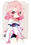  1girl arms_at_sides bangs bare_shoulders blue_flower bracelet collarbone commentary cowboy_shot detached_sleeves dress elsword flower gradient_hair jewelry laby_(elsword) looking_at_viewer looking_to_the_side multicolored_hair pink_eyes pink_hair seu_9(banya) short_hair simple_background smile solo standing strapless strapless_dress white_background white_dress 