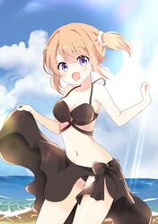  1girl :d bangs beach bikini black_bikini breasts commentary_request day eyebrows_visible_through_hair gochuumon_wa_usagi_desu_ka? hair_between_eyes hair_ornament hair_scrunchie hoto_cocoa looking_at_viewer massala medium_breasts navel open_mouth orange_hair outdoors sarong sarong_lift scrunchie short_sidetail side_ponytail smile solo standing swimsuit violet_eyes water 