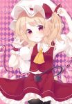  1girl argyle argyle_background arm_up ascot bangs black_legwear blonde_hair blush bow collared_shirt commentary_request crystal eringi_(rmrafrn) eyebrows_visible_through_hair flandre_scarlet hand_up hat hat_bow head_tilt heart highres laevatein long_hair looking_at_viewer mob_cap one_side_up parted_lips puffy_short_sleeves puffy_sleeves red_bow red_eyes red_skirt red_vest shirt short_sleeves skirt skirt_set solo sparkle thigh-highs touhou vest white_headwear white_shirt wings wrist_cuffs yellow_neckwear 