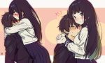  1boy 1girl artist_name bangs blunt_bangs blush chitanda_eru closed_eyes couple embarrassed eyebrows_visible_through_hair from_side gakuran green_eyes head_on_chest hetero hug hyouka long_hair long_sleeves looking_at_viewer looking_to_the_side medium_skirt mery_(apfl0515) multiple_views nose_blush oreki_houtarou pink_background pleated_skirt purple_hair purple_skirt school_uniform serafuku shirt skirt sweat tareme violet_eyes white_shirt 