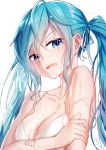  1girl ahoge bai_yemeng bare_shoulders bikini bikini_top blue_eyes blush breasts cleavage collarbone commentary_request hair_ribbon hand_on_own_arm hatsune_miku long_hair looking_at_viewer medium_breasts open_mouth revision ribbon signature simple_background solo strap_gap strap_slip swimsuit twintails upper_body vocaloid water_drop wet white_background white_bikini white_ribbon 