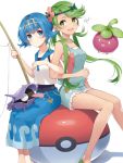  2girls :d bangs bare_shoulders blue_eyes blue_hair blue_pants blush bounsweet capri_pants closed_mouth commentary_request creatures_(company) eyebrows_visible_through_hair fishing_rod flower game_freak gen_1_pokemon gen_7_pokemon green_eyes green_hair hair_flower hair_ornament hairband highres holding holding_fishing_rod locked_arms long_hair looking_at_viewer mallow_(pokemon) multiple_girls nintendo one-piece_swimsuit open_mouth overall_shorts overalls pants poke_ball poke_ball_(generic) pokemon pokemon_(creature) pokemon_(game) pokemon_on_lap pokemon_sm rupinesu shellder short_hair short_shorts shorts signature simple_background sitting sleeveless smile suiren_(pokemon) swept_bangs swimsuit swimsuit_under_clothes trial_captain twintails white_background 