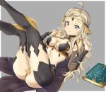  1girl absurdres ahoge blonde_hair book breasts cape center_opening circlet closed_mouth fire_emblem fire_emblem_if grey_background grey_eyes highres legs_up long_hair lying medium_breasts nintendo on_back ophelia_(fire_emblem_if) simple_background smile solo steeb26 thigh-highs twitter_username 