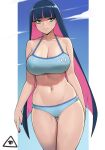  1girl arm_behind_back ass_visible_through_thighs bare_shoulders blue_sky blue_sports_bra breasts closed_mouth clouds collarbone commentary covered_nipples donburi_(donburikazoku) highres large_breasts long_hair multicolored_hair nail_polish navel panty_&amp;_stocking_with_garterbelt pink_hair purple_nails shiny shiny_hair sky solo sports_bra standing stocking_(psg) thigh_gap thighs two-tone_hair 