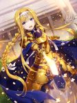  1girl alice_schuberg armor armored_dress bangs blonde_hair blue_cape blue_dress blush braid breastplate cape commentary_request dress dutch_angle eyebrows_visible_through_hair gabiran gauntlets glowing glowing_sword glowing_weapon gold_armor hair_between_eyes hair_ornament hairband holding holding_sword holding_weapon long_hair open_mouth outstretched_arm sidelocks single_braid solo standing sword sword_art_online very_long_hair violet_eyes weapon white_hairband 
