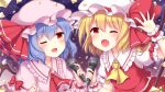  2girls ;d arm_up ascot bangs bat_wings black_wings blonde_hair blue_hair blush bow brooch commentary_request confetti eyebrows_visible_through_hair fang flandre_scarlet frilled_shirt_collar frilled_sleeves frills gem glint hat hat_ribbon holding holding_microphone jewelry looking_at_viewer medium_hair microphone mob_cap multiple_girls one_eye_closed open_mouth puffy_short_sleeves puffy_sleeves purple_background red_bow red_eyes red_neckwear red_ribbon red_skirt red_vest remilia_scarlet ribbon ruby_(gemstone) sanotsuki short_sleeves siblings sisters skirt smile star touhou upper_body vest waving white_headwear wings wrist_cuffs 