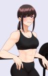  1girl abs amane_a_(007_uiro) bare_shoulders blue_eyes blush breasts brown_hair grin highres long_hair midriff original ponytail sidelocks smile solo sportswear weights 