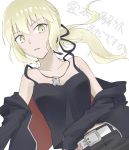  1girl artoria_pendragon_(all) belt black_jacket black_ribbon black_tank_top blonde_hair breasts collarbone commentary_request eyebrows_visible_through_hair fate/grand_order fate_(series) hair_between_eyes hair_ornament hair_ribbon highres jacket jewelry looking_down medium_breasts necklace off_shoulder ribbon saber_alter simple_background solo tatsu_(tanishi_24) translation_request upper_body white_background white_belt yellow_eyes 
