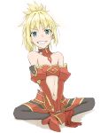  1girl bare_shoulders black_legwear blonde_hair boots breasts commentary_request detached_sleeves eyebrows_visible_through_hair fate/apocrypha fate_(series) green_eyes grin highres long_hair looking_at_viewer mordred_(fate) mordred_(fate)_(all) navel ponytail red_footwear red_sleeves simple_background sitting small_breasts smile solo tatsu_(tanishi_24) teeth v-shaped_eyebrows white_background 