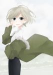  1girl absurdres ahoge black_pants coat commentary_request fur_collar green_eyes grey_hair highres long_sleeves looking_at_viewer looking_to_the_side open_mouth original pants shirt short_hair simple_background sleeves_past_wrists smile solo white_shirt yamamo 