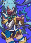  1girl :d absurdres aqua_(konosuba) bangs blue_background blue_eyes blue_nails blue_skirt cowboy_shot detached_sleeves fingernails hair_between_eyes hair_rings hands_up highres huge_filesize kono_subarashii_sekai_ni_shukufuku_wo! legs_apart light_blue_hair long_hair long_sleeves miniskirt nail_polish no_panties open_mouth pleated_skirt skirt smile solo teeth thigh-highs white_legwear yaya_hiyayaka 