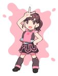  1girl arm_up bangs black_footwear brown_hair copyright_request full_body hand_on_hip idol leg_warmers looking_at_viewer nobile1031 open_mouth pink_eyes pink_shirt pink_skirt ponytail shirt shoes skirt sleeveless smile solo w 